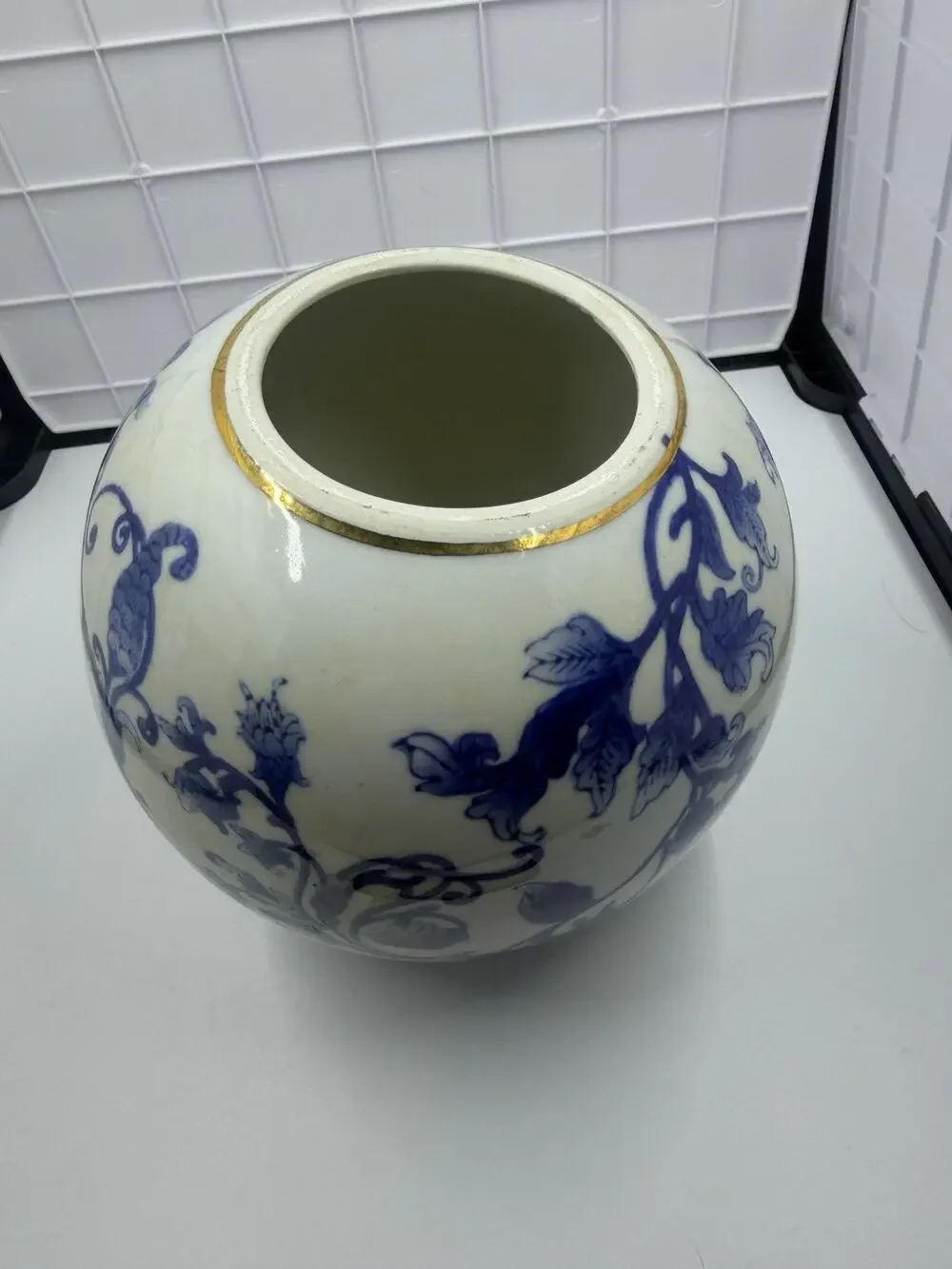 Round Vintage Chinoiserie Porcelain Jar or Vase, Blue White W/ Gold Rim, Floral